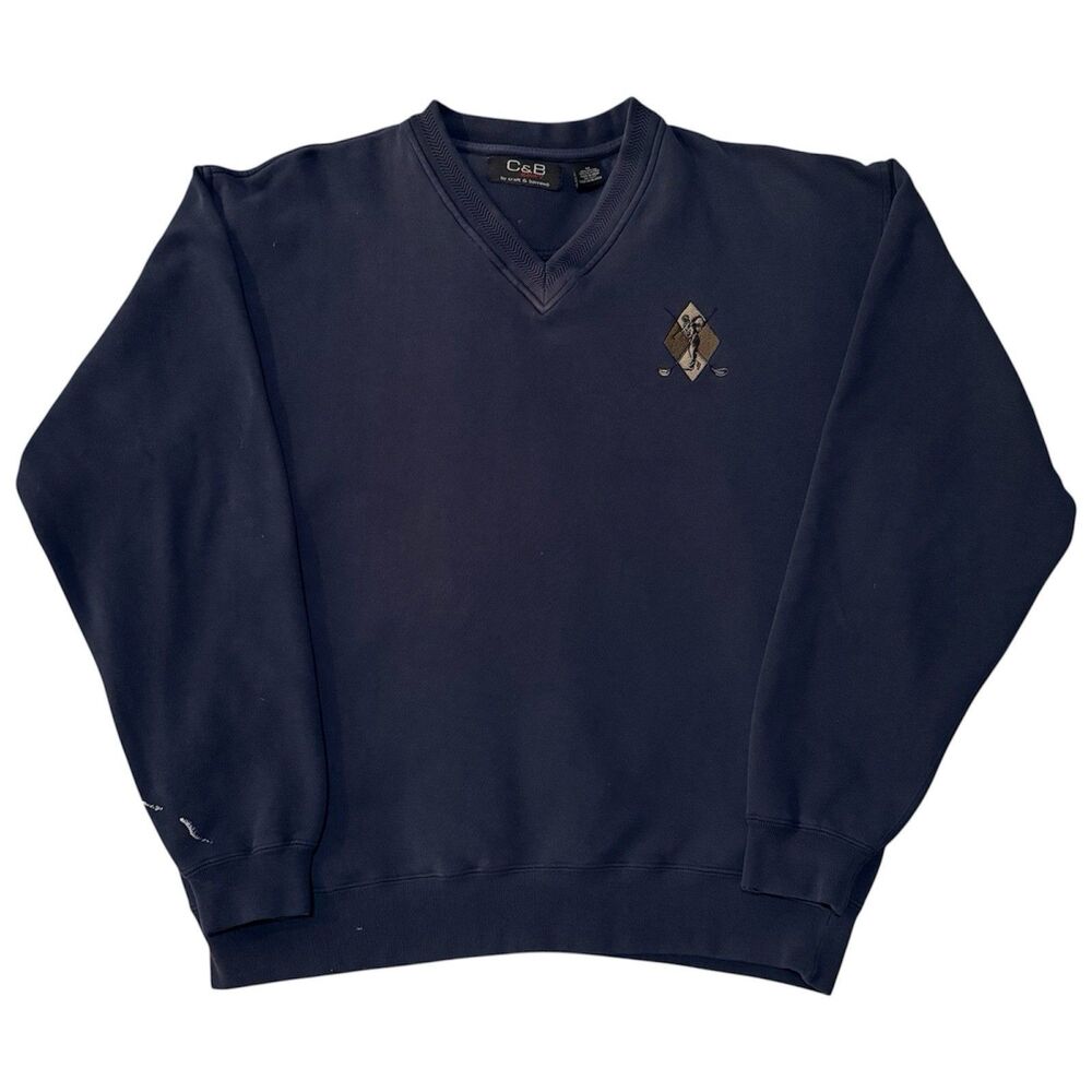 Vintage 90s Croft & Barrow Golf V‑Neck Sweatshirt Navy Embroidered Golfer Sz M